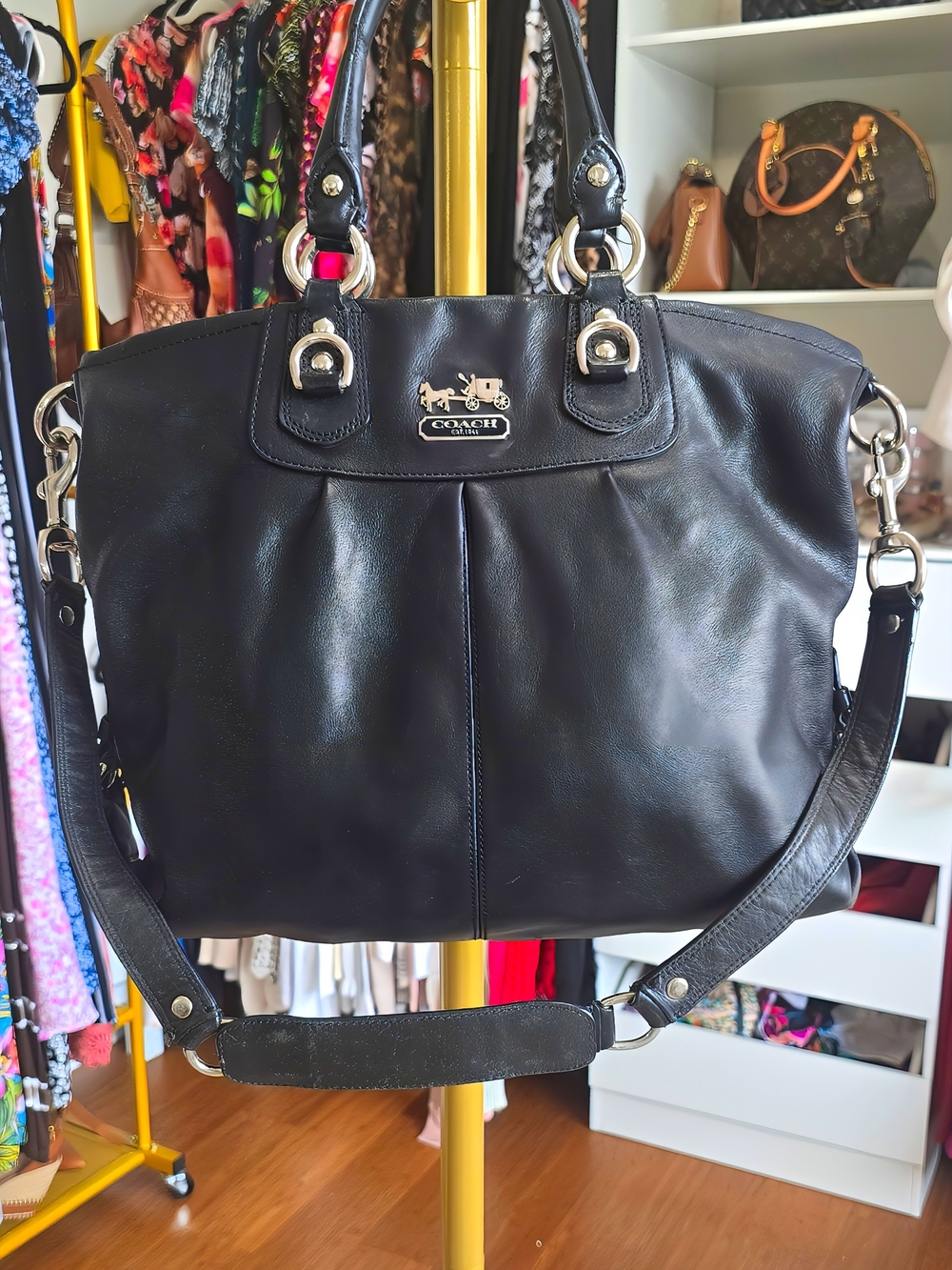 Vintage Y2K Large COACH Black Leather Tote Bag with Convertible Strap